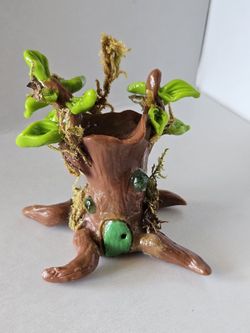 Handcrafted Good Luck Charm Catseye Fairy Log House 