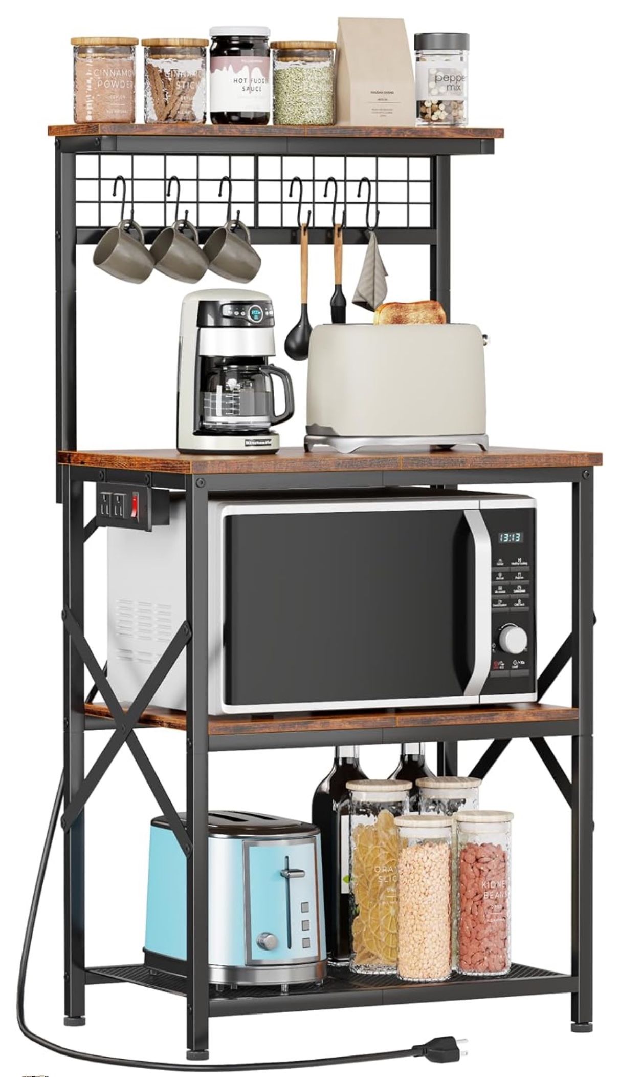 Kitchen Bakers Rack with Power Outlet, Microwave Oven Stand with Storage 4 Tiers, Coffee Bar Table with 6 S Hooks, Kitchen Storage Shelf Rack for Spic