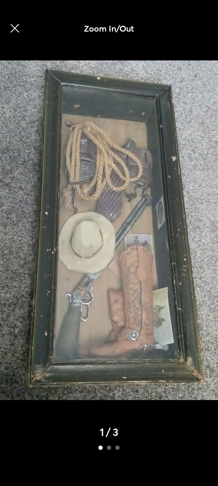 Vintage western shadow box, wall hanging decor, saddle rope cowboy boots hat toy rifle, wood framed box, mid century 60s 70s, about 2 ft 3 in