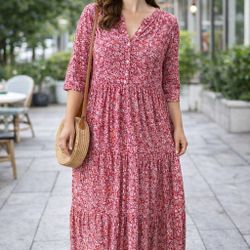 Max Studio XL Floral Maxi Dress Tiered Boho Stretch