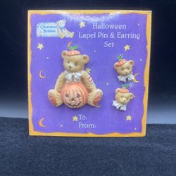 Enesco Priscilla Hillman 90s Halloween Pin & Earring Set - NEW Pumpkin Bear Fall