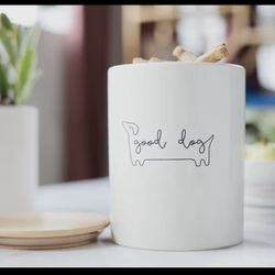 White Ceramic Dog Treat Jar with Wooden Lid