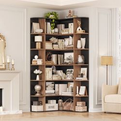 73.9” Tall Corner Bookcase, 6 Tier L-Shaped Large Display Bookshelf with Curved Edges for Living Room Home Office Study, Black & Oak