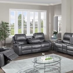 GREY 3 PC MANUAL RECLINE SOFA SET