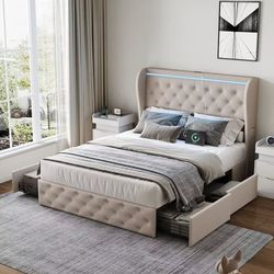 Full Metal Bed Frame with Storage, LED Light, Charging Station & Upholstered Headboard,Taupe