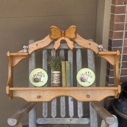 Vintage Cottagecore Wood Wall Shelf With 3D Bow and Two Pegs 3 Shelves