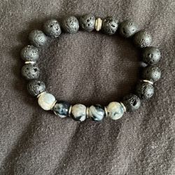 Black Lava/obsidian W Silver tone Beaded Bracelet 
