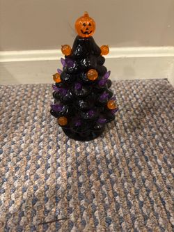 Black Ceramic Halloween Tree with Pumpkin Lights – Battery Lighted Tabletop Decor, Jack-o'-Lantern