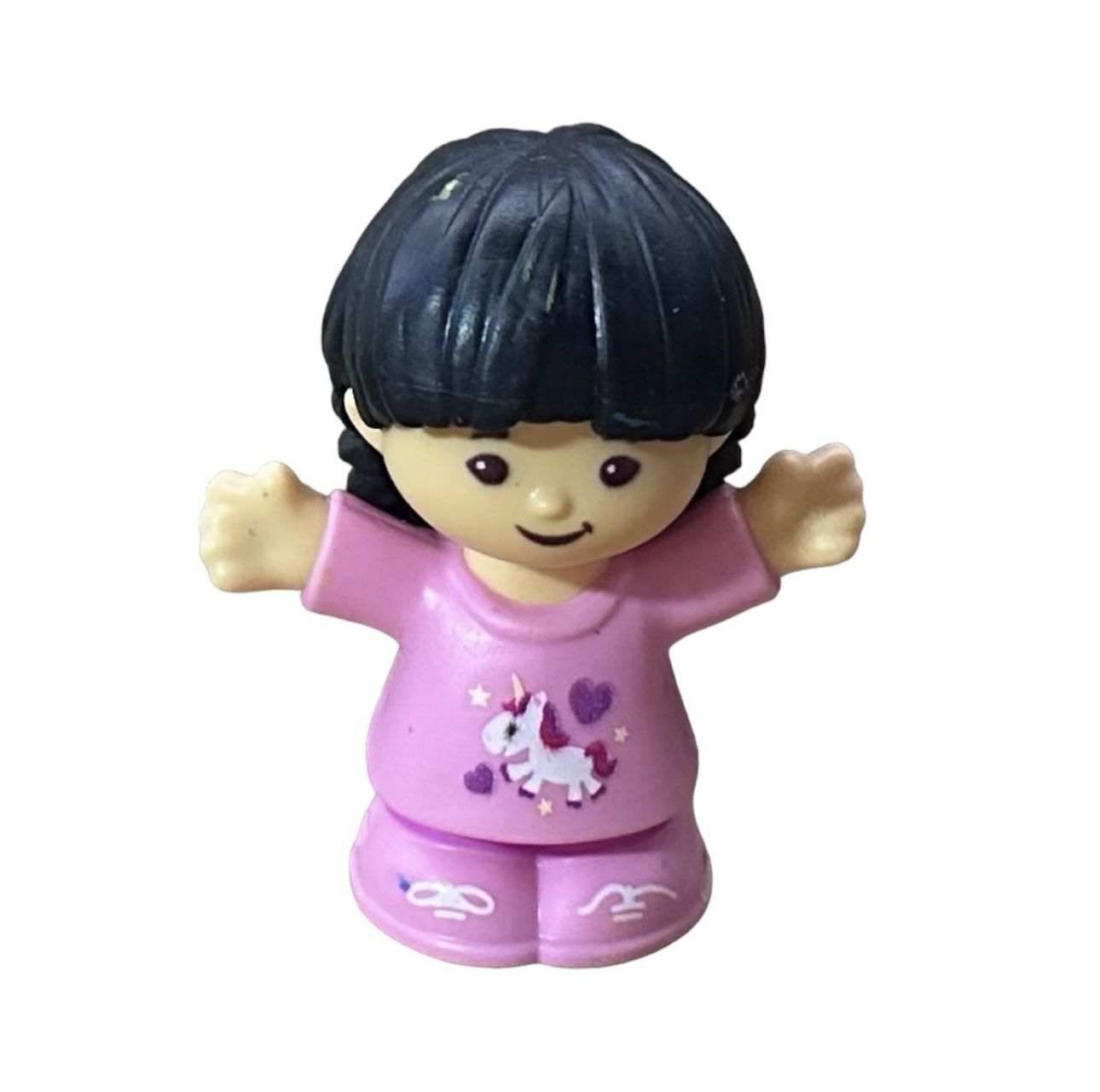 Fisher Price Little People Figure Asian Girl in Pink Shirt Unicorn Black Hair Toy