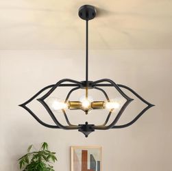 6-Light Chandelier Black Gold Adjustable 27" Dining Light Fixture Industrial Modern Semi Flush Mount