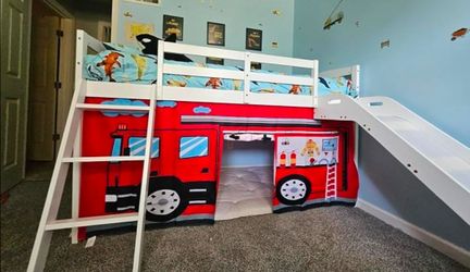 Twin size bed loft firetruck curtains