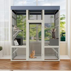 62.6" Gray Wooden Catio Outdoor Pet Enclosure with Waterproof Top, Spacious and Secure Cat House & Small Animal Cage, Black Rust-proof Metal Wire