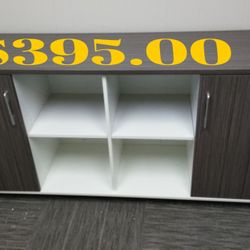 Simple system credenza, 8 storage compartments  Driftwood gray and white accent