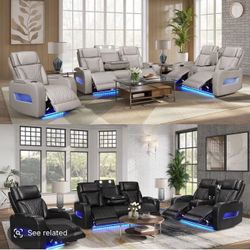 NEW POWER RECLINING 3pc SOFA LOVESEAT CHAIR HEATING SEATS LED LIGHTS AIR MASSAGE AND MORE