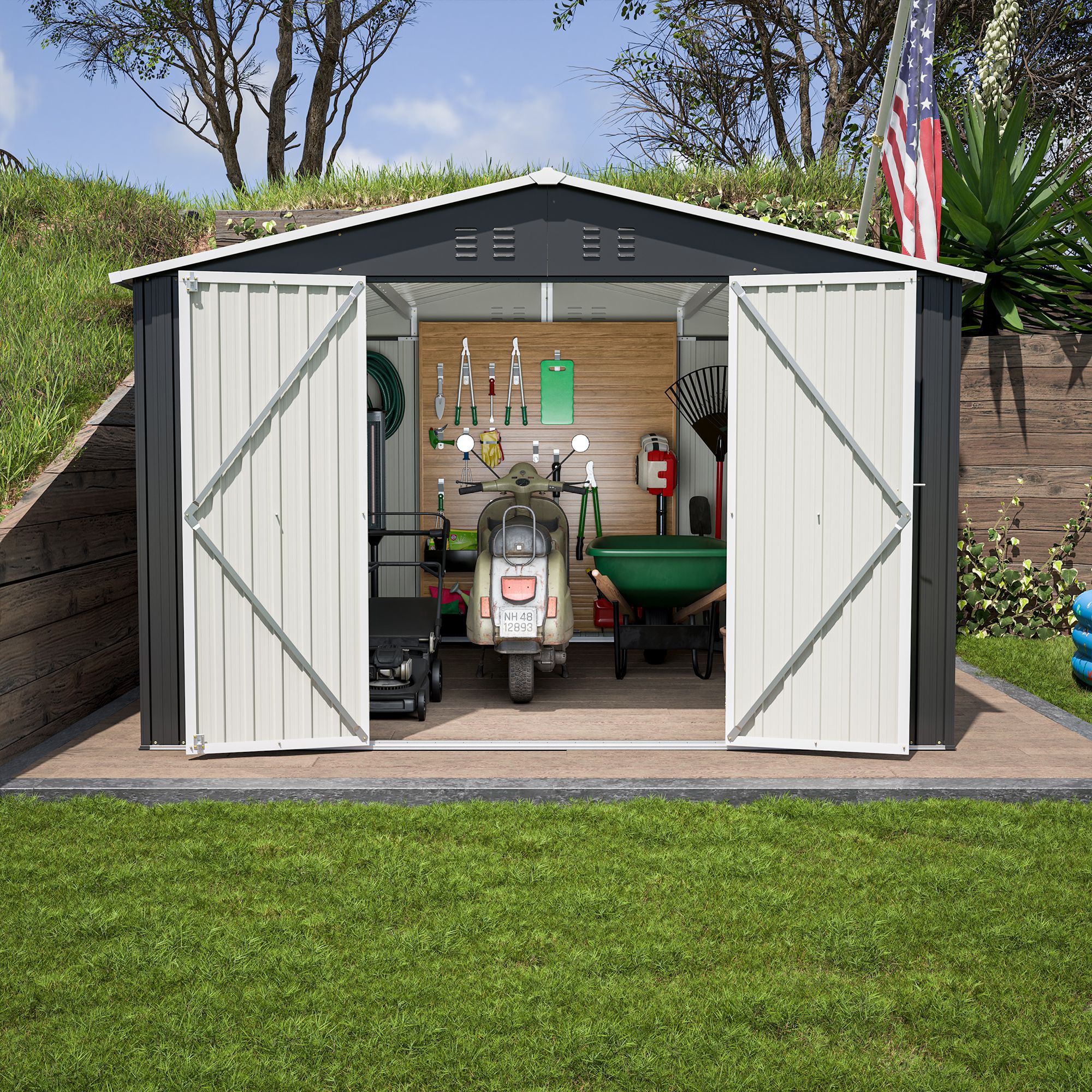 Outdoor Storage Shed 10x10 FT, Utility Metal Tool Storage with Lockable Doors and Updated Frame Structure, Large Metal Garden Shed for Backyard, Patio