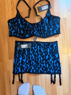 Blue Leopard Print Bra and Garter Belt Set