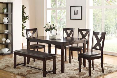Super Deal! 6-Pcs Dining Set, Wood Dining Set, 4 Chairs , 1 bench with  a Table, Kitchen Furniture, Casual dining room set, Matching Dining Chairs 