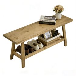 43 Farmhouse Wood Bench, 2-Tier Entryway Bench, Narrow Rustic Storage Bench with Open Storage Shelf for Entryway, Hallway, Living Room, Bedroom, Kitch