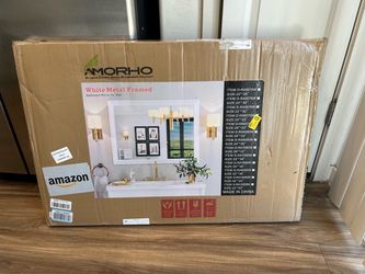 Amorho White Metal Framed Bathroom Wall Mirror