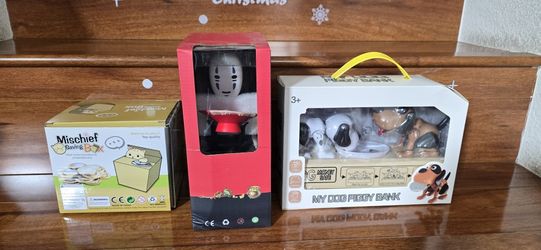 Coins Piggy Bank, No Face Spirit Away, Mischief Cat Saving Box Orange, Dog Munching Coins