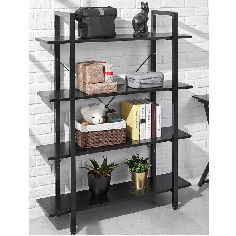 4 Tier Wood Bookcase Solid 130lbs Load Capacity Industrial Bookshelf, Sturdy Bookshelves with Steel Frame, Storage Organizer Home Office Shelf BLACK