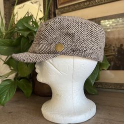 Split Y2K Tweed Newsboy Herringbone Cap Hat Brown Cream Brass Buttons Short Brim Costume Vintage Emo
