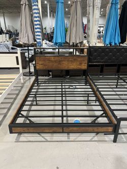 M-New Full Size Floating Bed Frame with 2-Tier Storage Headboard, Metal Bed Frame with Charging Station & LED Lights, No Box Spring Needed, Rustic