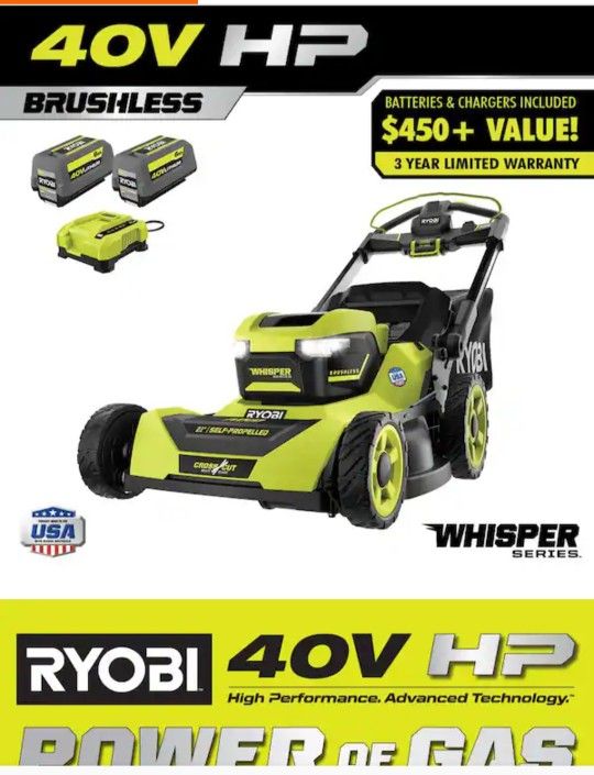 RYOBI
40V HP Brushless Whisper Series 21" Walk Behind Self-Propelled All Wheel Drive Lawn Mower-(2) 6.0 Ah Batteries & Charger