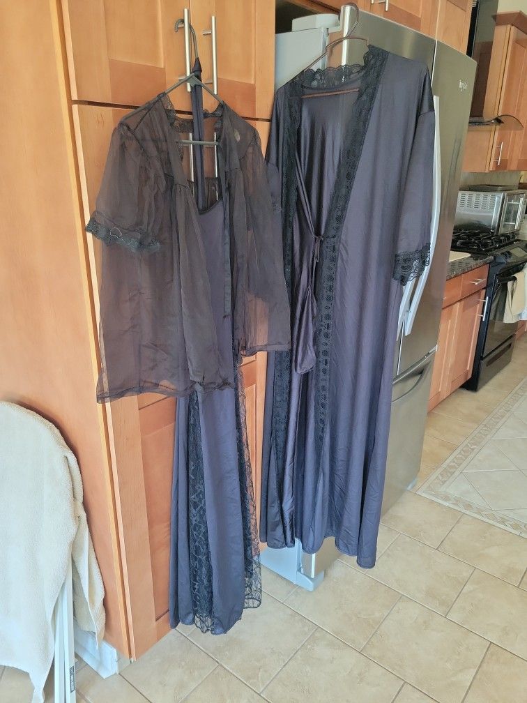 1950s BLACK 3 PIECE NEGLIGEE SET, GOWN, ROBE, BED JACKET SIZE L