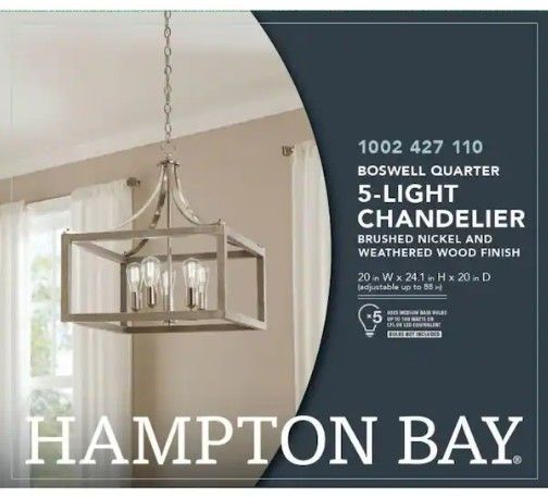 Hampton Bay
Boswell Quarter 20 in. 5-Light Brushed Nickel Farmhouse Square Pendant Chandelier with Weathered Wood Accents