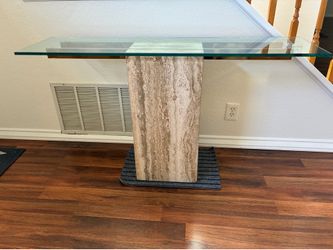 Travertine Pedestal Glass Top Console Table