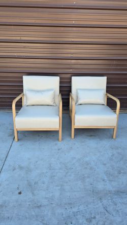 Mid- Century Cream Wood Frame Faux Leather Upholstered Accent Arm Chair