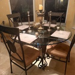 Round Glass Dining Table Set with 4 Decorative Metal Chairs – Excellent Condition