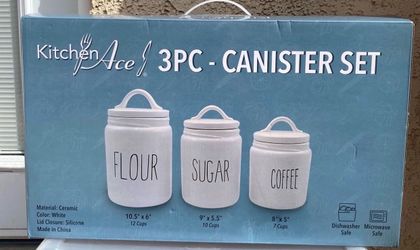 Kitchen Ace 3 Piece Ceramic Canister Set White Flour Sugar Coffee Kitchen Storage