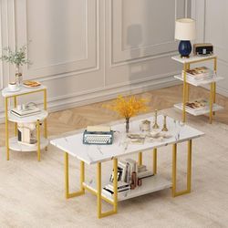 Faux Marble Table Set, Coffee Table & 2 Side Table, Faux Marble Tabletop and Metal Frame, 3 Piece Table Sets, for Living Room Apartment