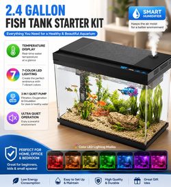 ☘️ Fish Tank, 2.4 Gallon Fish Aquarium, Fish Tank Starter kit with Smart Humidifier, Temperature Display, 7-Color Lighting, 3 in 1 Quiet Pump with Fil