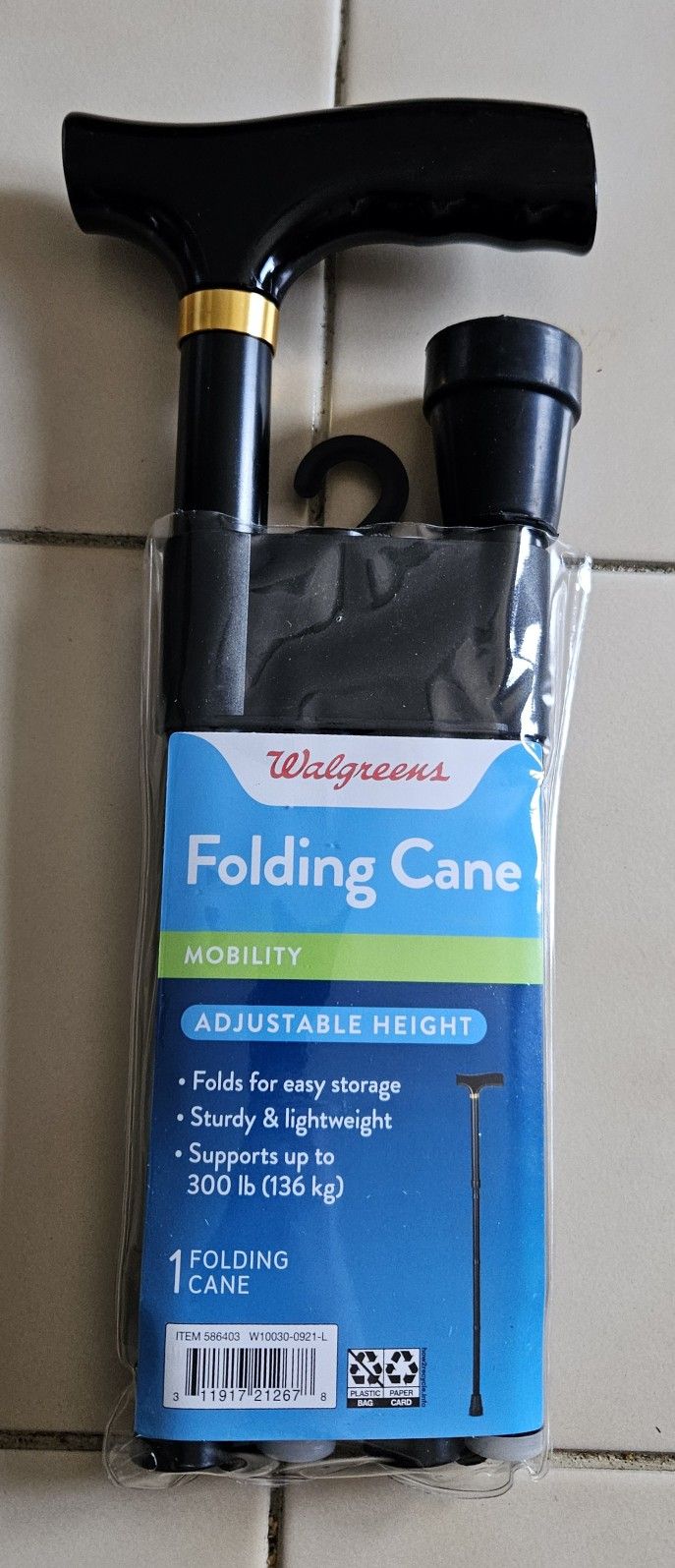 NEW Walgreens Folding Cane Adjustable Height, Lightweight, Supports Up To 300lbs