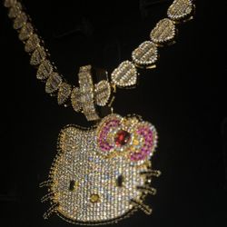 18k Gold Plated Hello Kitty Pendant & Heart Chain 