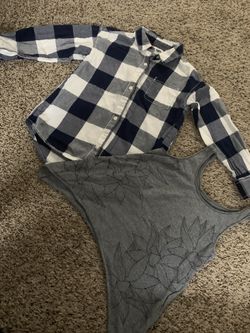 blue and white plaid shirt & gray tank