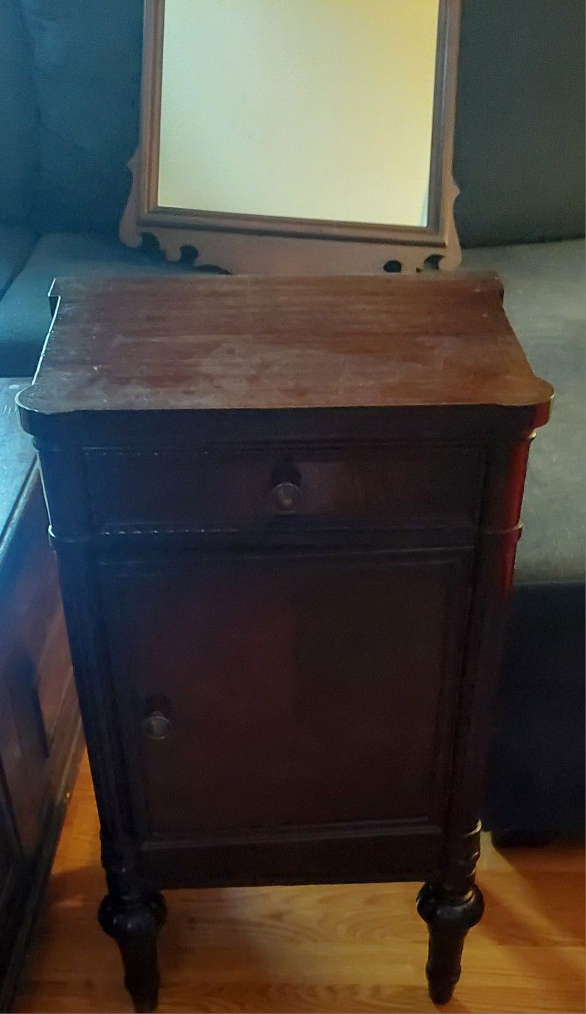 Antique Solid Wood Accent Table And Mirror