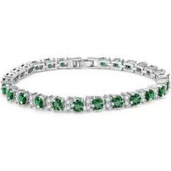 Elegant tennis bracelet has alternating round-cut green and clear stones. The piece is crafted with a silver-tone metal setting and includes a fold-ov