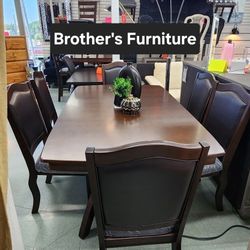 Dining Set 7 Pc Dark Cherry Finish, Brown Espresso Faux Leather. New Especial Price 