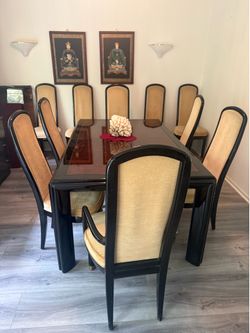 Vintage Henredon “Scene Three” Black Lacquer & Burl Wood Dining Set