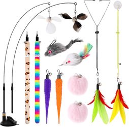 Brand new in box Soarer 4-in-1 Interactive Cat Wand Toy,12Pcs Durable Fishing Pole Cat Feathers Toys Replacements,Enhanced Suction Cup Cat Toy Floor,2