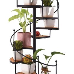 Flower Stand Retro Wrought Iron Wood Spiral Staircase Multi-Layer Flower Pot Shelf Balcony Living Room Garden Floor Flower Stand Plant Stand