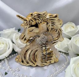 Vintage Gold-toned Ceramic Unicorn Head Bust Figurine Adorned W/ Beads/Bow/Rose/Lace. This vintage ceramic figurine features a whimsical unicorn head
