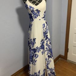 White Prom Dress With Blue Flowers 