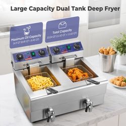 Deep Fryer with Basket and Lid, 23.3Qt/22L Electric Deep Fryer with Oil Filtration, Time & Temp Control, 3000W
