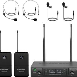 Pro Dual Wireless Microphone System w/ 2x100 UHF Frequencies, Auto-Scan Cordless Mic Set, 2 Bodypacks & Headsets/Lapel Microphones for Speaking, Singi