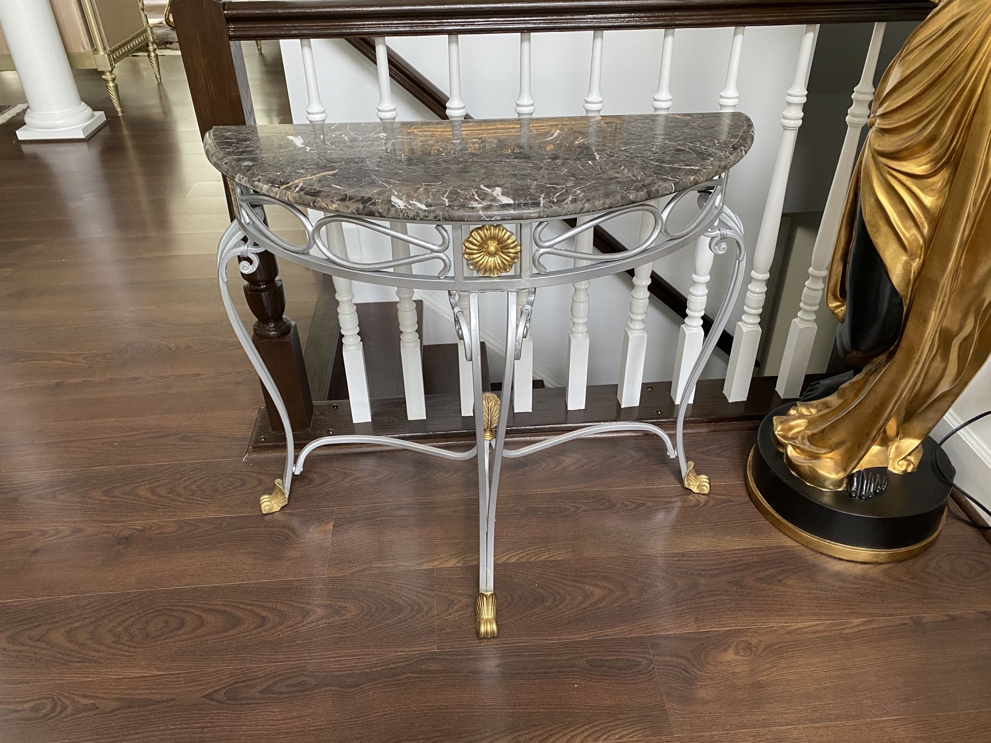 Semi-round Grey Metal Console Table with Manmade Marble Top 32”H 38”W 19”D